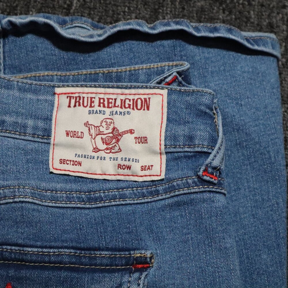 TRUE RELIGION Joey Mid Rise Flare Jeans Size 31 Red Stitching Flap Pockets